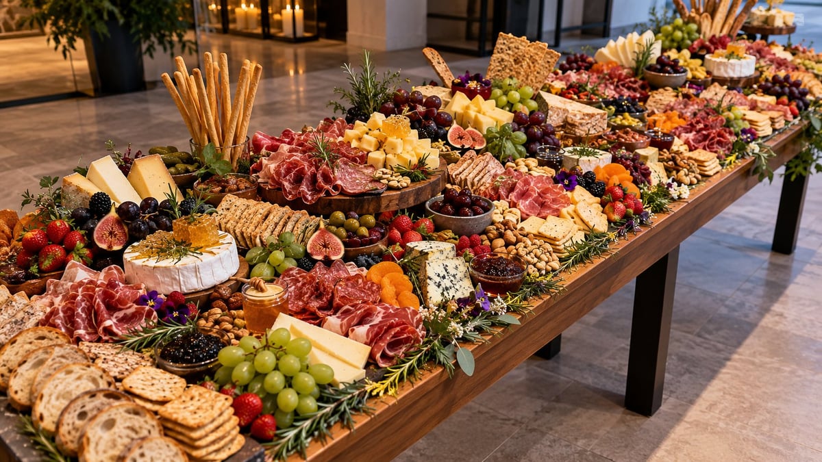 Long wooden charcuterie board laden with cured meats, cheeses, crackers, grapes, nuts, and colorful flowers in an elegant display