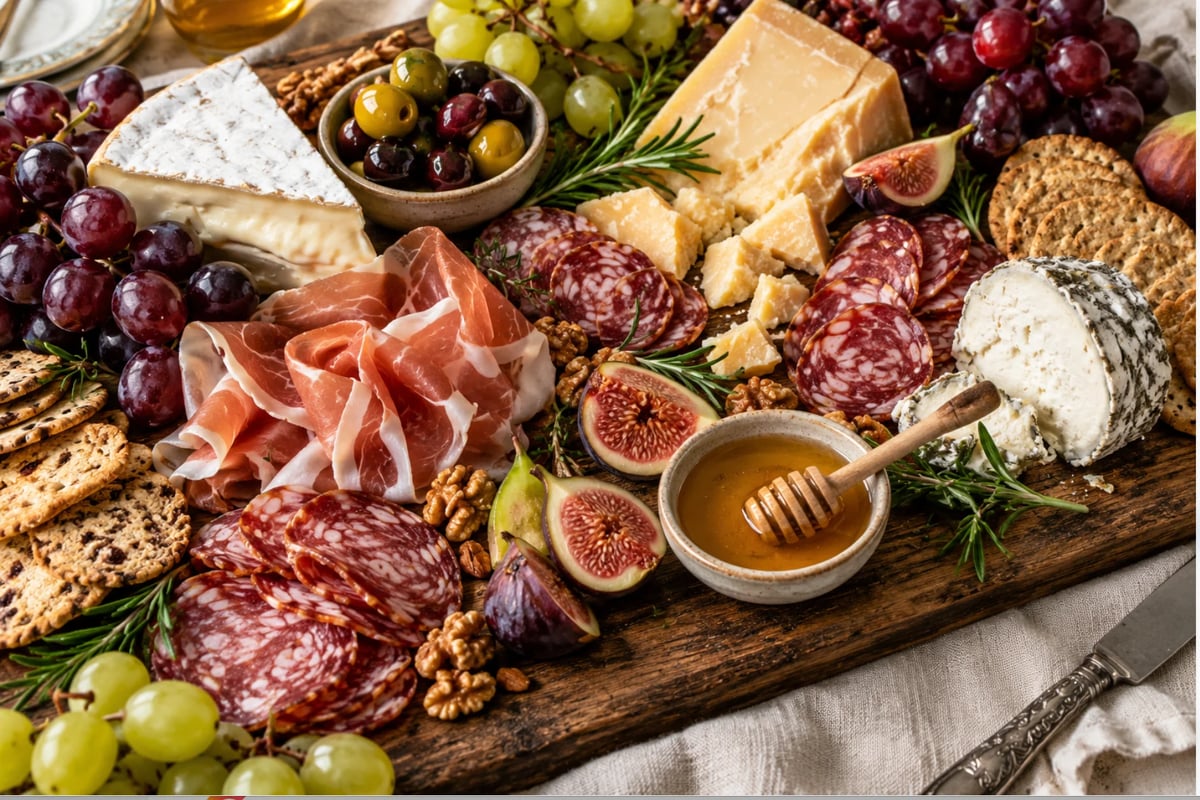 Charcuterie board with cured meats, assorted cheeses, fresh grapes, figs, nuts, honey, and crackers on a wooden platter